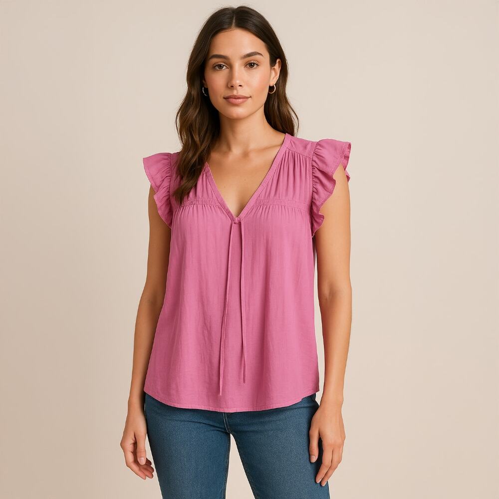A351 • Fuchsia Flutter Sleeve Tie Neck V-Neck Blouse